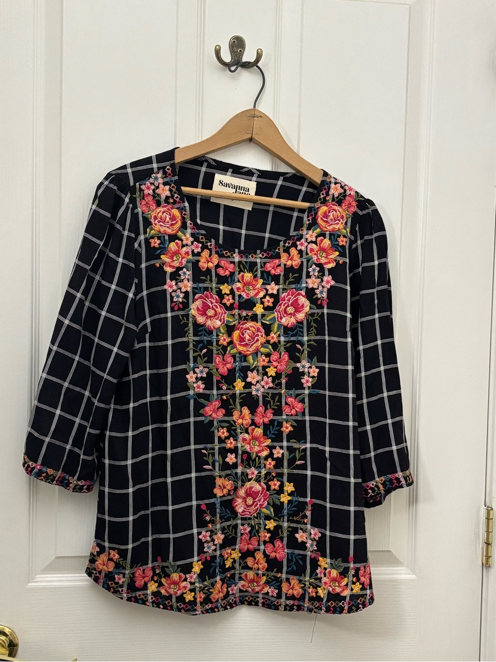 Savannah Black Grid Tunic with Pink Floral Embroidery